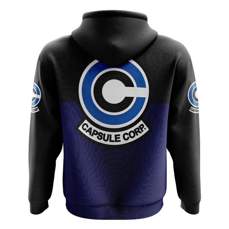 The Capsule Corp Dragon Ball Z Zip Hoodie Jacket features the Capsule Corp. logo on the back and sleeves, and has a black upper half with a dark blue lower half design.