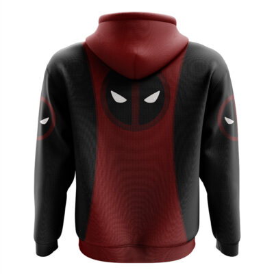 The Deadpool Marvel Comics Zip Hoodie Jacket features a red and black design with stylized white eyes on the back and sleeves, inspired by Deadpool’s costume. Shown from the back.