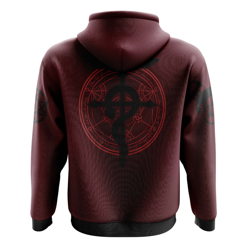 The Edward Fullmetal Alchemist Zip Hoodie Jacket is maroon with a large black alchemy symbol and circular transmutation design on the back, black alchemical markings on both sleeves, and features black cuffs and hem.