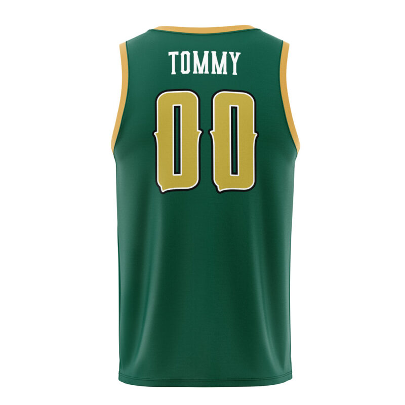 Green Dragonzords Mighty Morphin Power Rangers basketball jersey in green with yellow trim, featuring TOMMY and number 00 in gold with black and white outlines on the back.