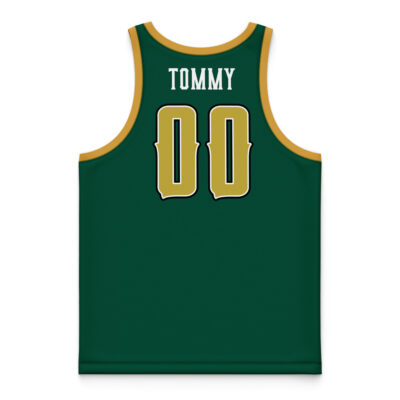 A Green Dragonzords Mighty Morphin Power Rangers basketball jersey with gold trim, showing the back. "TOMMY" is printed in white above the large gold number 00, both outlined in black and white.