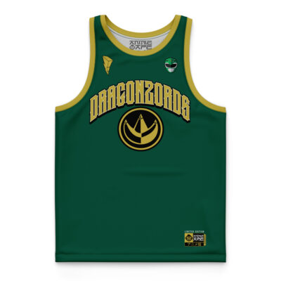 The Green Dragonzords Mighty Morphin Power Rangers Basketball Jersey features yellow trim, "DRAGONZORDS" in bold, a circular dragon emblem, and two small badges near the neckline.