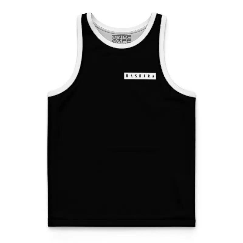 The Hashira Tengen Uzui Demon Slayer Basketball Jersey is a black sleeveless tank top with white trim on the collar and armholes, featuring "HASHIRA" in small white capital letters on the chest.
