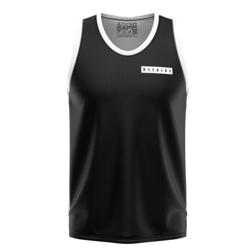 The Hashira Tengen Uzui Demon Slayer Basketball Jersey is a sleeveless black athletic tank top with white trim and a small white “HASHIRA” patch on the left chest. The inside label features stylized text.