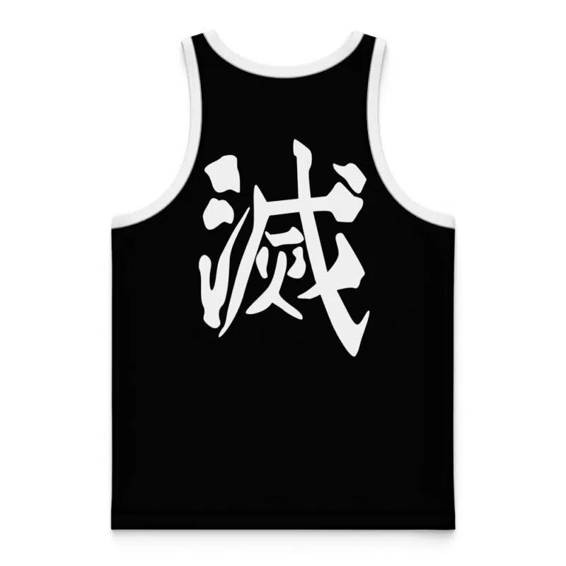 The Hashira Tengen Uzui Demon Slayer Basketball Jersey is a black tank top with white trim featuring a large white Japanese kanji character on the back.