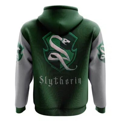 The Hogwarts Legacy Slytherin Harry Potter Zip Hoodie Jacket is green and gray, featuring the Slytherin crest with a silver snake and "Slytherin" in stylized lettering on the back.