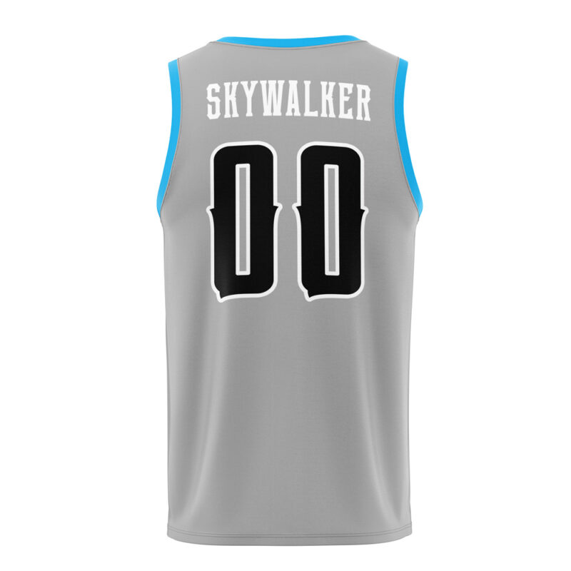 A gray Jedi Skywalker Star Wars basketball jersey with blue trim, featuring SKYWALKER and the number 00 in large black letters on the back.