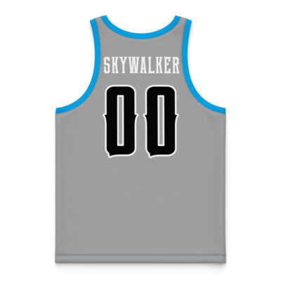 The Jedi Skywalker Star Wars Basketball Jersey is gray with blue trim, features SKYWALKER in white across the back, and has the number 00 in large black-outlined digits below the name.