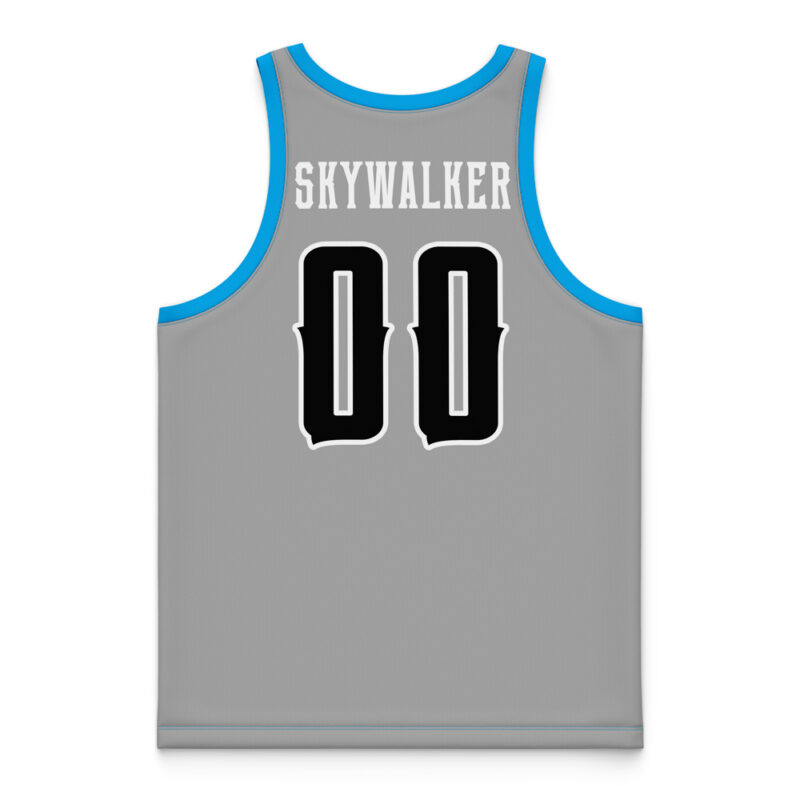 The Jedi Skywalker Star Wars Basketball Jersey is gray with blue trim, features SKYWALKER in white across the back, and has the number 00 in large black-outlined digits below the name.