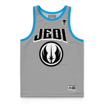 The Jedi Skywalker Star Wars Basketball Jersey is a gray tank top with blue trim, bold black "JEDI" lettering, a large black-and-white Jedi Order symbol on the front, a small patch near the hem, and a round logo on the left chest.
