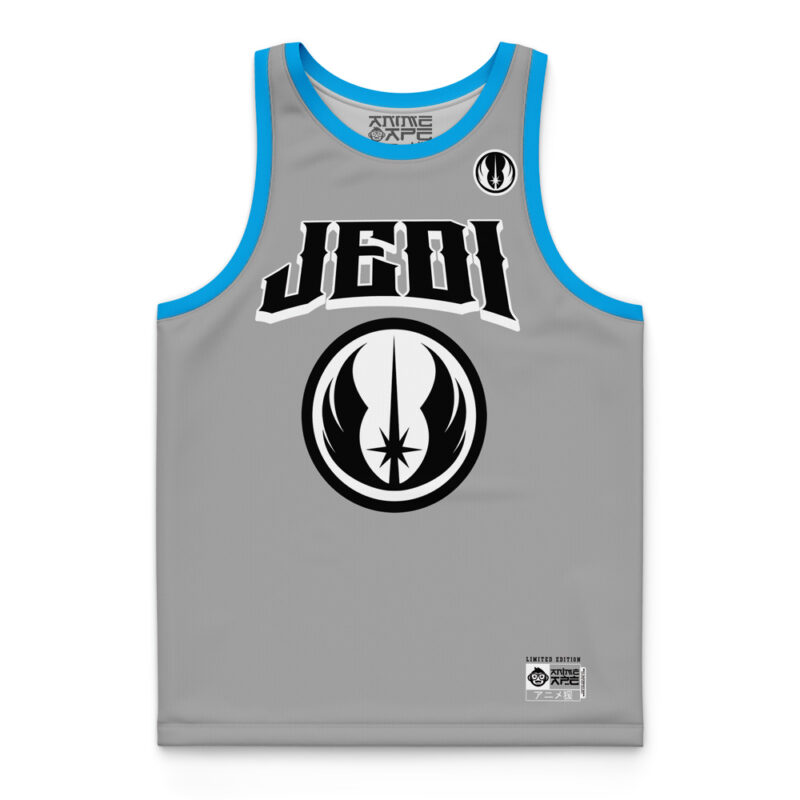 The Jedi Skywalker Star Wars Basketball Jersey is a gray tank top with blue trim, bold black "JEDI" lettering, a large black-and-white Jedi Order symbol on the front, a small patch near the hem, and a round logo on the left chest.