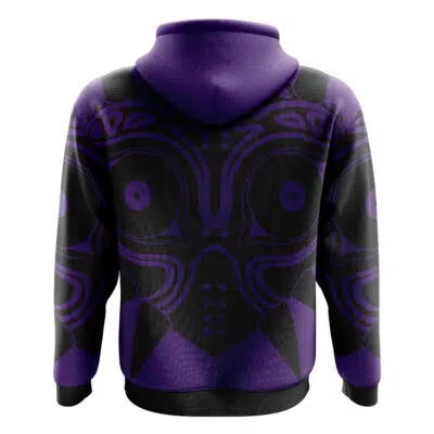 The Majora's Mask Zelda Zip Hoodie Jacket is shown from the back, displaying a striking black and purple abstract mask design with circular eyes and symmetry. It features a purple hood and sleeves with detailed accents.