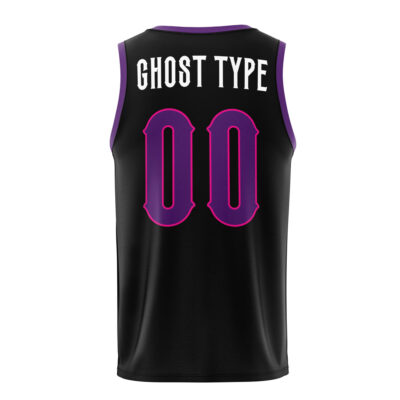 The Night Shades Ghost Type Pokemon Basketball Jersey is black with purple trim, showcases "GHOST TYPE" in white letters, and displays the number 00 in bold purple font on the back.