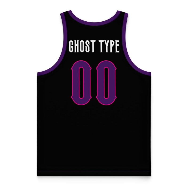 The Night Shades Ghost Type Pokemon Basketball Jersey is black with purple trim, features the text "GHOST TYPE" in white on the back, and has a large 00 below in a bold, outlined purple and pink font.