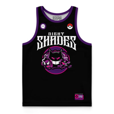 The Night Shades Ghost Type Pokemon Basketball Jersey is a black tank top with purple trim, bold white "Night Shades" text, a shadowy character graphic, and two icons—a purple emoji and Poké Ball—on the chest.