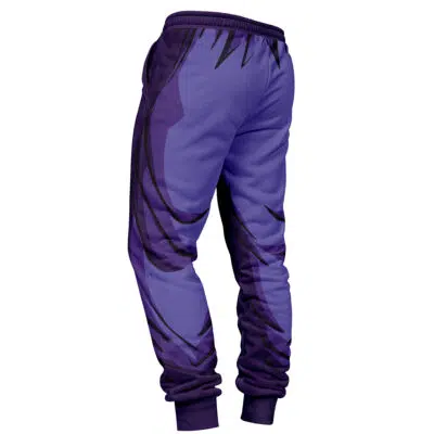 Piccolo Dragon Ball Z Sweatpants in purple, featuring dark, jagged abstract side and back patterns. Shown from the rear and slightly to the side, with elastic ankle cuffs and waistband.
