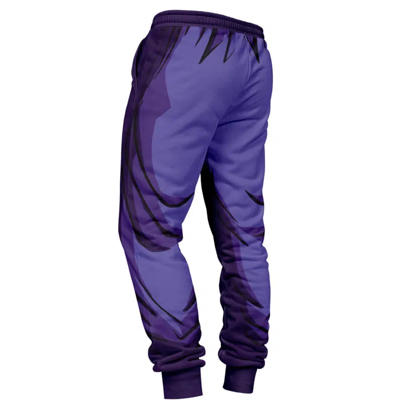 Piccolo Dragon Ball Z Sweatpants in purple, featuring dark, jagged abstract side and back patterns. Shown from the rear and slightly to the side, with elastic ankle cuffs and waistband.