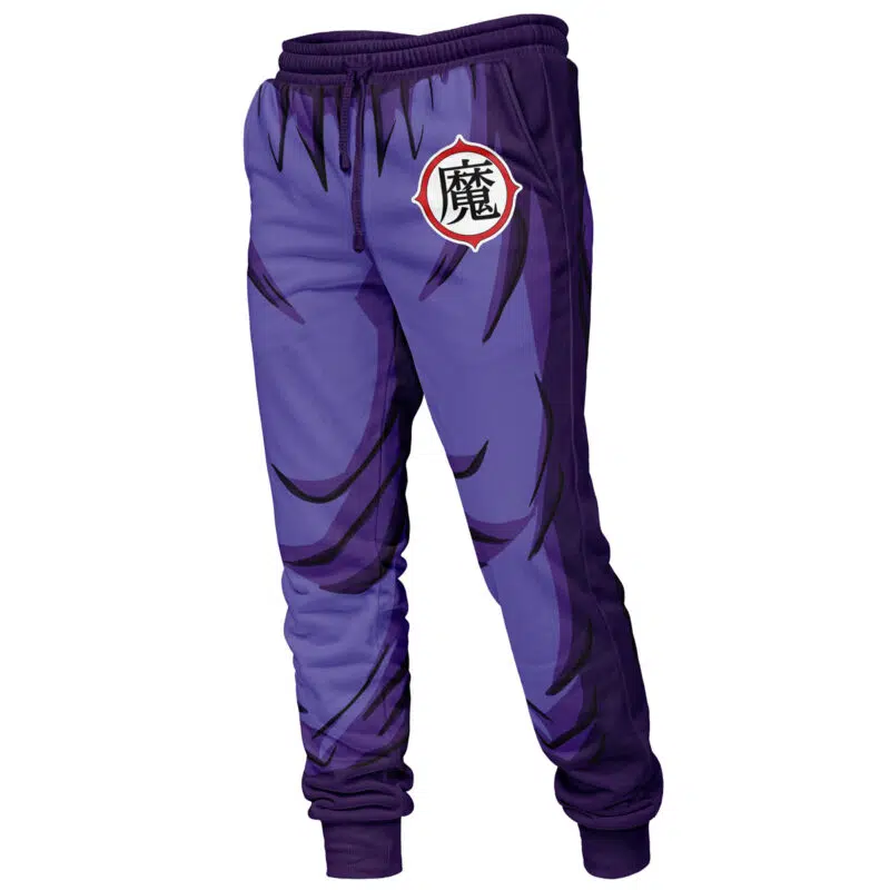Piccolo Dragon Ball Z Sweatpants in purple with black claw-like streaks, a circular red and white kanji patch on the left thigh, elastic waistband with drawstring, and ribbed cuffs.