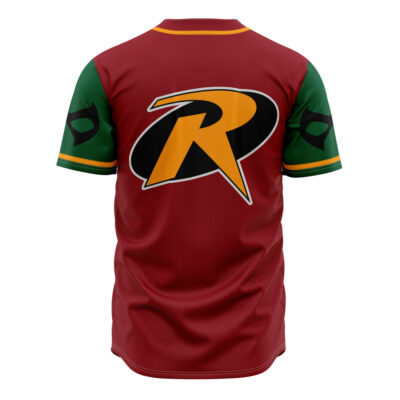 The Robin DC Comics Baseball Jersey features short sleeves, a red body, green sleeves, yellow trim, and a large yellow "R" emblem on a black oval on the back, inspired by Robin’s superhero costume.