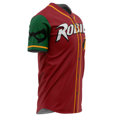 The Robin DC Comics Baseball Jersey features a red body with yellow trim, "ROBIN" text on the front, and a green sleeve with a black mask graphic, inspired by the superhero Robin’s classic costume.