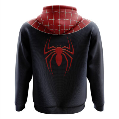 The Spiderman Marvel Comics Zip Hoodie Jacket features a black design with a bold red spider emblem on the back and red web patterns on the hood and shoulders, inspired by Spider-Man’s costume.