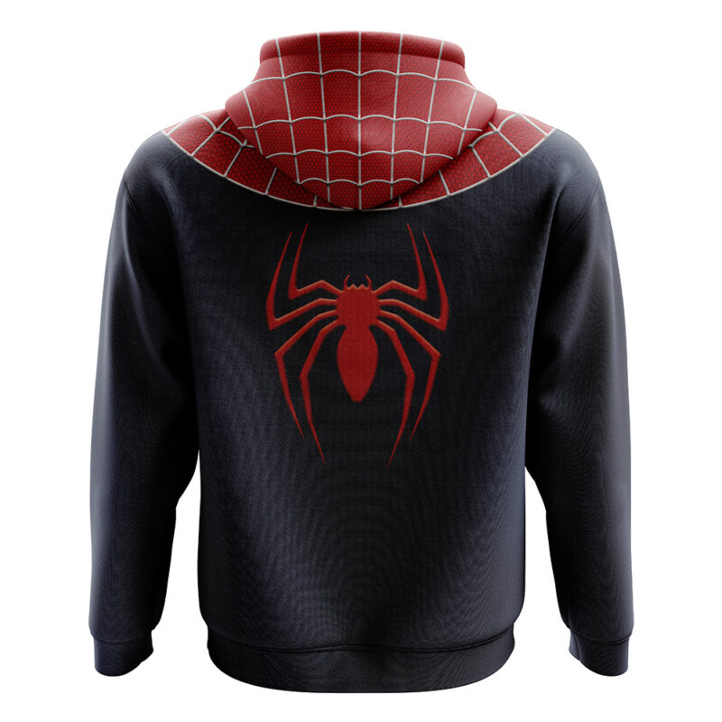 The Spiderman Marvel Comics Zip Hoodie Jacket features a black design with a bold red spider emblem on the back and red web patterns on the hood and shoulders, inspired by Spider-Man’s costume.