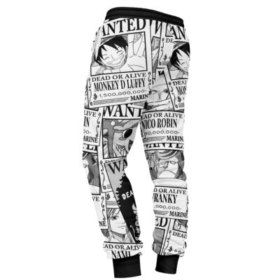 The Straw Hat Wanted Pattern One Piece Sweatpants feature black and white joggers with a collage of anime wanted posters, showing characters' faces, names, and bounty amounts printed across the fabric.