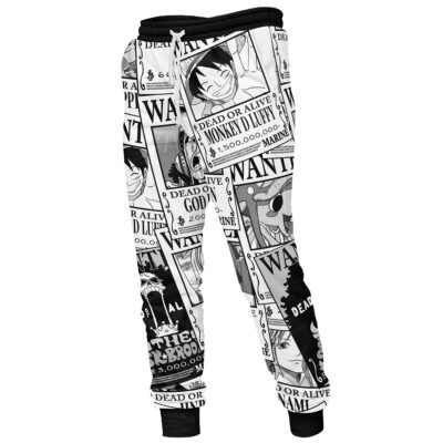 The Straw Hat Wanted Pattern One Piece Sweatpants feature black and white manga-style illustrations with WANTED posters, character faces, and bounties. Inspired by One Piece, they have a drawstring waist and black cuffs.