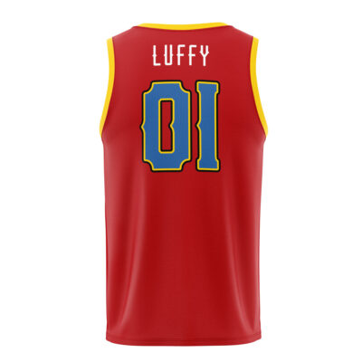 The Strawhats Luffy One Piece Basketball Jersey is a red jersey with yellow trim, featuring "Luffy" and the number 01 in large blue letters with yellow outline on the back.