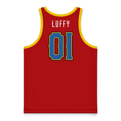The Strawhats Luffy One Piece Basketball Jersey is red with yellow trim, featuring "LUFFY" in white uppercase letters at the top and a large blue and yellow 01 on the back.