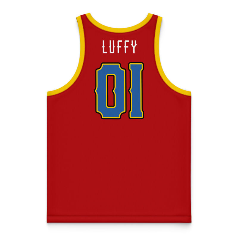 The Strawhats Luffy One Piece Basketball Jersey is red with yellow trim, featuring "LUFFY" in white uppercase letters at the top and a large blue and yellow 01 on the back.