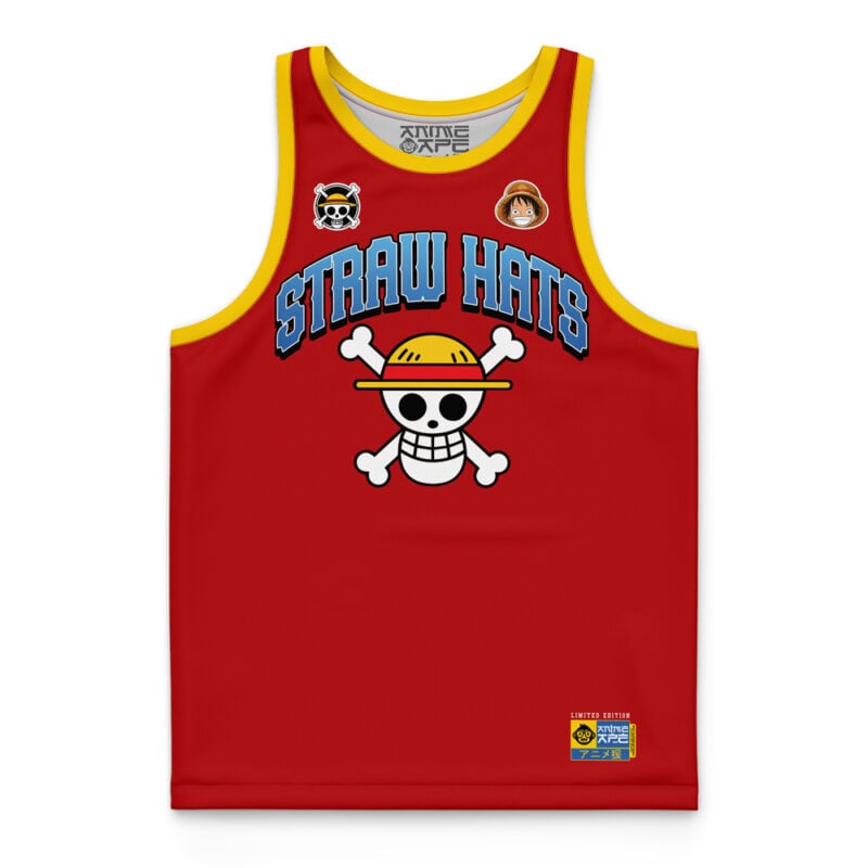 The Strawhats Luffy One Piece Basketball Jersey is a red tank top with yellow trim, featuring "Straw Hats" text above a cartoon skull in a straw hat, plus two small character icons near the neckline—inspired by One Piece.