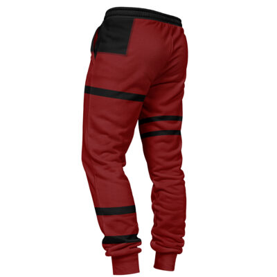 Deadpool Marvel Comics Sweatpants: red jogger pants with black horizontal stripes on the thigh and shin, black waistband, left-side black pocket detail, tapered fit, and gathered ankle cuffs.