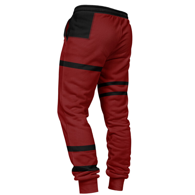 Deadpool Marvel Comics Sweatpants: red jogger pants with black horizontal stripes on the thigh and shin, black waistband, left-side black pocket detail, tapered fit, and gathered ankle cuffs.