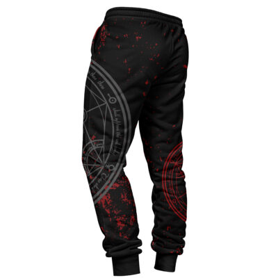 Transmutation Circle Fullmetal Alchemist Sweatpants feature black fabric with red splatter and gray alchemy circle prints on the side and back, plus elastic waistband and cuffs. Shown from a rear side angle.