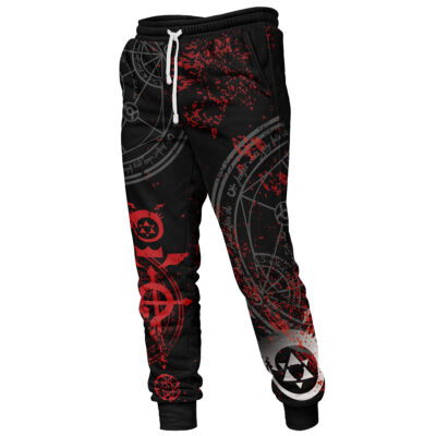 Transmutation Circle Fullmetal Alchemist Sweatpants—black joggers with red and white alchemy circle designs, red paint splatter patterns, cuffed ankles, a white drawstring, and mystical geometric-inspired artwork.