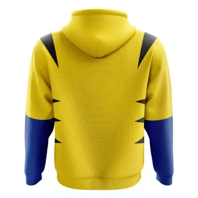 The Wolverine Marvel Comics Zip Hoodie Jacket features a yellow back, blue sleeves, and black claw-like markings on the shoulders and sides. The hood is up with no visible logos or text.