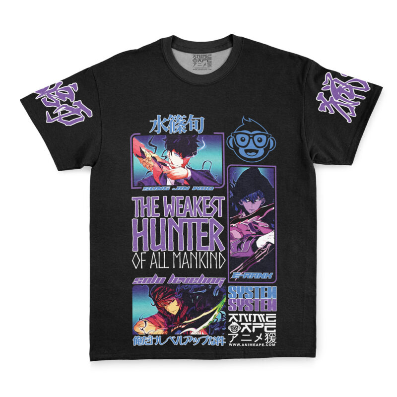 The Sung Jin Woo V2 Solo Leveling Streetwear T-Shirt is a black tee with anime-style graphics, bold purple THE WEAKEST HUNTER OF ALL MANKIND text, stylized lettering, and Japanese characters on the front and sleeves.