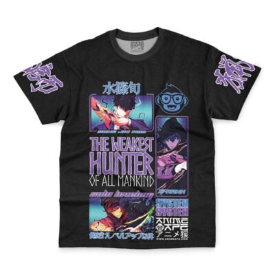 The Sung Jin Woo V2 Solo Leveling Streetwear T-Shirt is a black tee with colorful anime-style graphics, Japanese text, and bold phrases like “THE WEAKEST HUNTER OF ALL MANKIND” in purple and blue on the front.