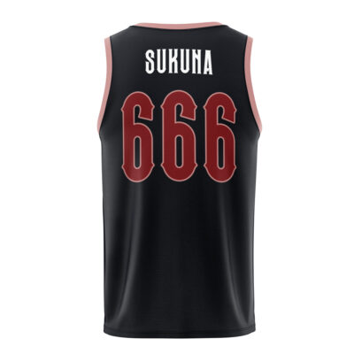 The Curses Sukuna Jujutsu Kaisen Basketball Jersey is sleeveless and black, featuring "SUKUNA" in white and "666" in large red-outlined numbers on the back, with red trim on the collar and armholes.