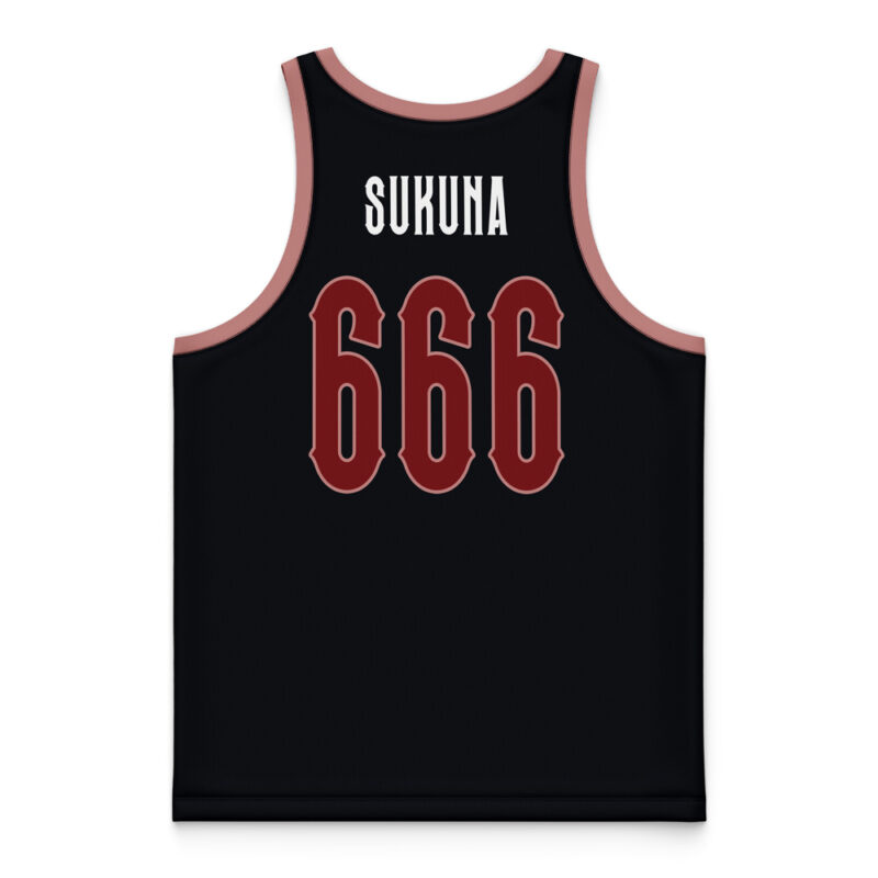 The Curses Sukuna Jujutsu Kaisen Basketball Jersey is black with maroon trim, featuring “SUKUNA” in white and the number “666” in large maroon font on the back.