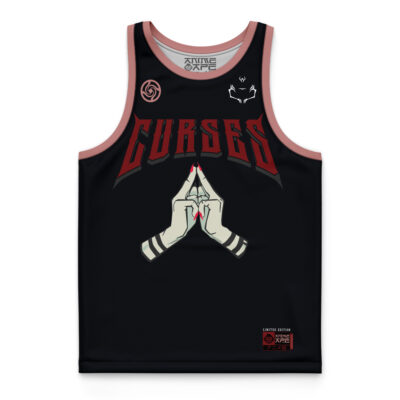 The Curses Sukuna Jujutsu Kaisen Basketball Jersey features "CURSES" in bold red, two gloved hands with red nails, small white symbols, pink trim, and a limited edition patch on the hem.