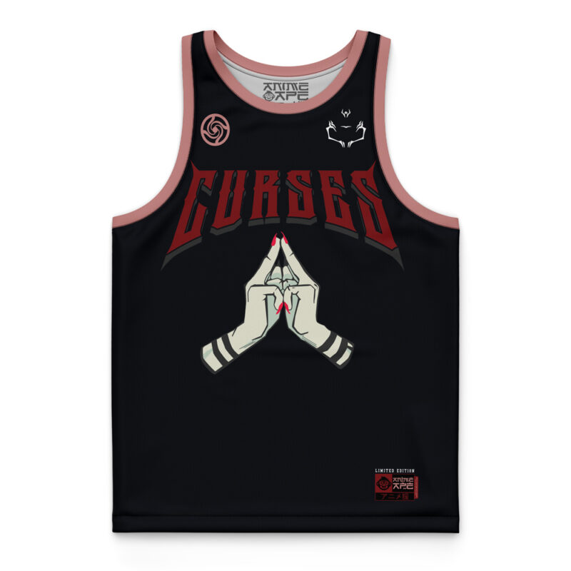 The Curses Sukuna Jujutsu Kaisen Basketball Jersey features "CURSES" in bold red, two gloved hands with red nails, small white symbols, pink trim, and a limited edition patch on the hem.