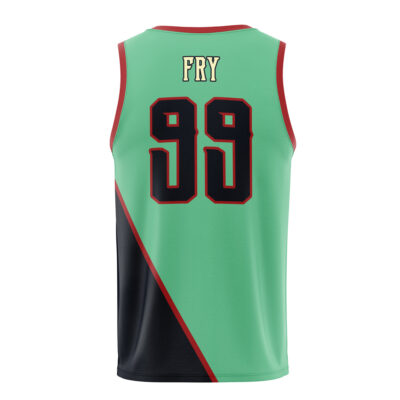 The Planet Express Futurama Basketball Jersey features the name FRY and number 99 in bold black letters with red outlines on the back. Mainly green, it has a black diagonal section on one side and red trim.