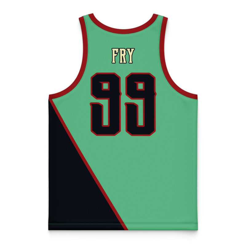 The Planet Express Futurama Basketball Jersey is a sleeveless teal sports top with black and red trim, featuring "FRY" and the number 99 in bold black with red outline, plus a black diagonal panel on the lower left side.