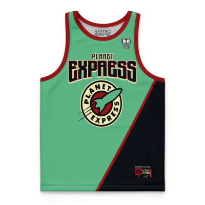 The Planet Express Futurama Basketball Jersey features a split light green and black design, red trim, rocket emblem, Planet Express text, and small Japanese characters with patches near the bottom hem.