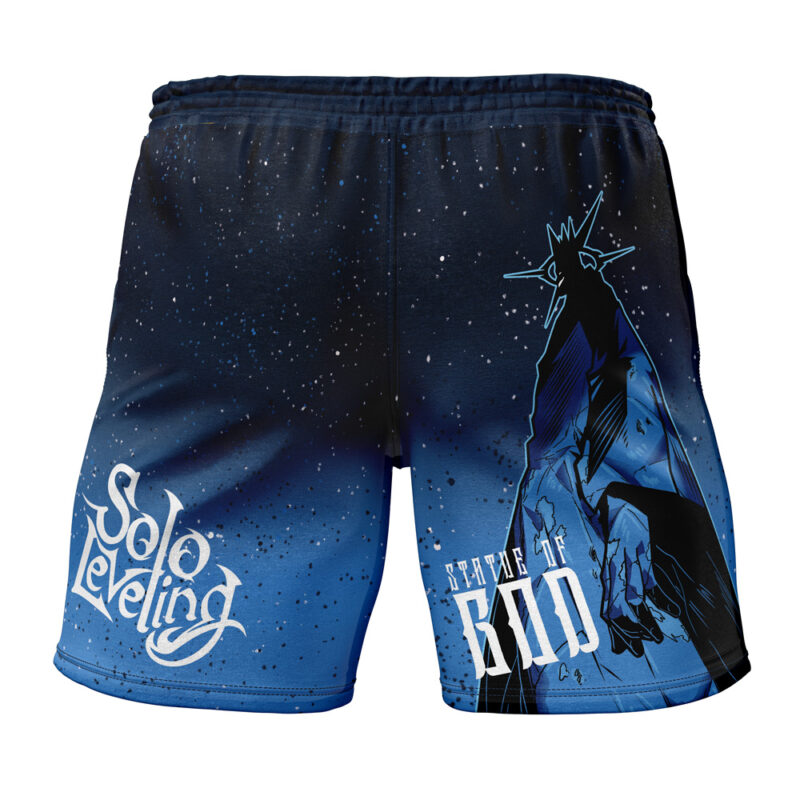 Statue of God Solo Leveling Gym Shorts in blue and black with a starry night design, Solo Leveling logo on one leg, and a shadowy crowned figure with "Child of God" text on the other.