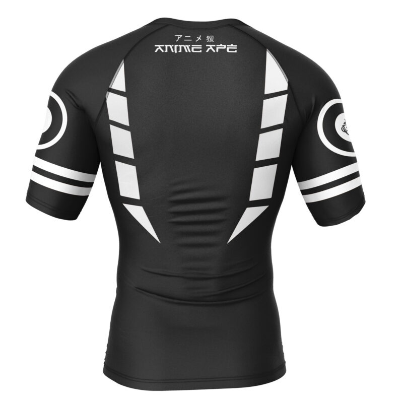 The Sukuna White Marks Jujutsu Kaisen Short Sleeve Rash Guard Compression Shirt is a black athletic shirt featuring white geometric designs and Japanese characters above "ANIME" on the upper back.