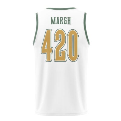 The Tegridy Farms Marsh South Park Basketball Jersey is a white jersey with green trim, featuring MARSH in green above large gold 420 numbers on the back.