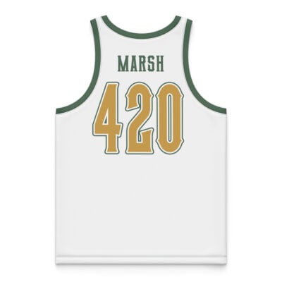 The Tegridy Farms Marsh South Park Basketball Jersey is white with green trim, featuring MARSH in green letters and the number 420 in large gold numbers outlined in green on the back.